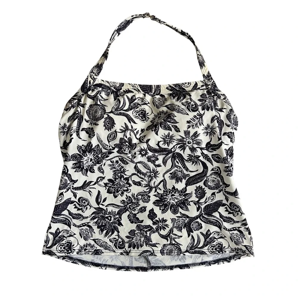Lands End Womens Navy White Floral Halter Tankini Top Swimwear‎ Size 8